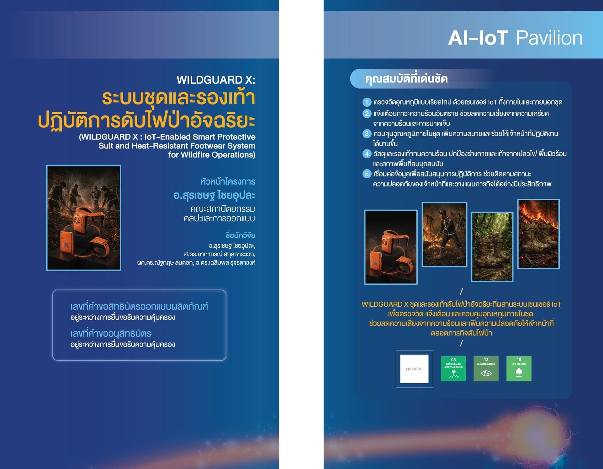 ชุดดับไฟป่าอัจฉริยะบนพื้นฐาน IoT สำหรับเจ้าหน้าที่อุทยานดับไฟป่าพร้อมระบบเซนเซอร์ตรวจวัดและควบคุมอุณหภูมิในตัว และรองเท้าทนความร้อนสำหรับปฏิบัติการดับไฟป่า